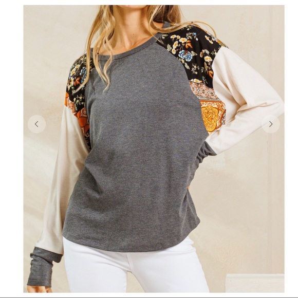 #04 Boho Color Block Long Sleeve Stretch Top - Picture 4 of 7